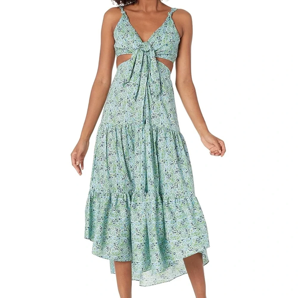 CINQ À SEPT Davian Cut Out Blue Green Knotted Midi Dress, Size 2